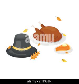Gebratener Thanksgiving-truthahn, Kürbiskuchen und Hut im Cartoon-Stil isoliert auf weißem Hintergrund. Stock Vektor
