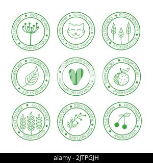 Stempel für Bio-Produkte auf verschwommenem grünen Hintergrund. Gesundes Lifestyle-Konzept. Umreißt natürliche Symbole. Stock Vektor