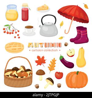 Sammlung von Herbstartikeln im Cartoon-Stil isoliert auf weißem Hintergrund. Stock Vektor