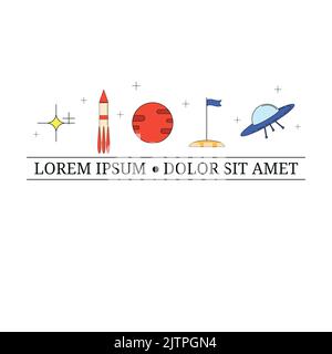 Lineare Symbole für Astronomie mit Tag-Linie. Stern, Raumschiff, marc, Flagge, Aliens Schiff ufo. Bunte dünne Linien Raum und Astronomie-Symbole isoliert auf weiß b Stock Vektor
