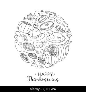Handgezeichnete Umrisse für die Thanksgiving-Feier in Kreisform mit Schriftzug. Stock Vektor