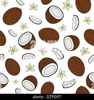 Farbenfrohes, nahtloses Muster mit handgezeichneten Kokosnüssen und tropischen Blumen. Stock Vektor