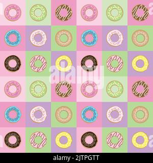 Nahtloses Muster mit Donuts in bunten Quadraten. Quadratische Muster mit glasierten Donuts. Stock Vektor