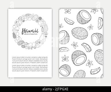 Editierbare Kartenvorlagen mit handgezeichneten hawaii-Früchten und Text. Verwendete Clipping-Maske. Stock Vektor