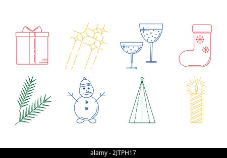 Set von Weihnachten und Neujahr dünne Linie umreißt Symbole für Design isoliert auf weißem Hintergrund. Stock Vektor