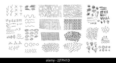 Satz von Vektorbürstenlinien, Kreisen, Zeichen. Handgezeichnete Kollektion. Doodle Stil verschiedene Formen. Vektorgrafik. Stock Vektor