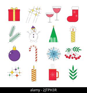 Satz von bunten linearen Symbolen für Weihnachtsferien. Saisonale Winter-Symbole mit dünnen Linien für Web- und Mobildesign. 16 detaillierte Weihnachtssymbole. Stock Vektor
