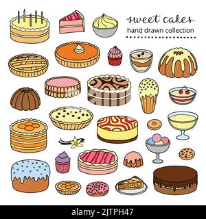 Sammlung von handgezeichneten Kuchen für Geburtstag, ostern, Party, süßes Café isoliert auf weißem Hintergrund. Stock Vektor