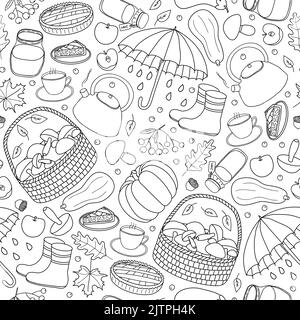 Nahtloses Schwarz-Weiß-Muster mit handgezeichneten Umrissen für Herbstsachen. Stock Vektor