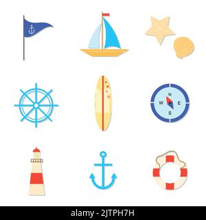 Flache Marinesymbole auf weißem Hintergrund isoliert. Stock Vektor