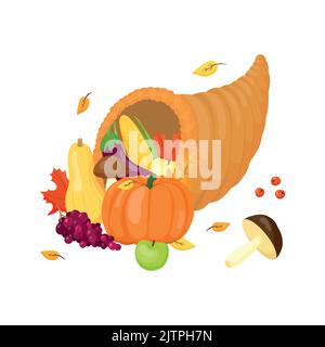 Thanksgiving voller Füllhorn mit Gemüse, Pilzen und Früchten im Cartoon-Stil isoliert auf weißem Hintergrund. Stock Vektor