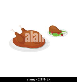 Gebratener Thanksgiving-truthahn im Cartoon-Stil isoliert auf weißem Hintergrund. Stock Vektor