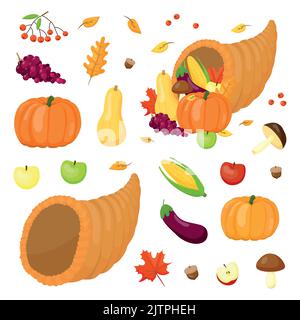 Cartoon Füllhorn mit Gemüse und Obst für Thanksgiving Tag Feier isoliert auf Tafel Hintergrund. Stock Vektor