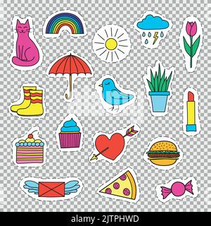 Set von verschiedenen Brignt Aufkleber, Abzeichen, Pins isoliert auf transparentem Hintergrund. Pop-Art-Patches für Design. Stock Vektor