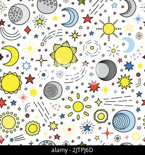 Nahtloses Muster mit handgezeichneten Sternen, Sonne und Mond. Stock Vektor