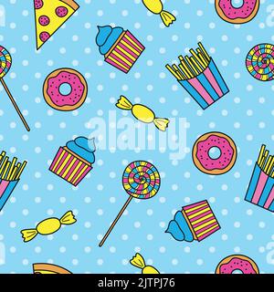 Leuchtendes, nahtloses Muster mit Pop-Art-Fast-Food-Artikeln. Stock Vektor