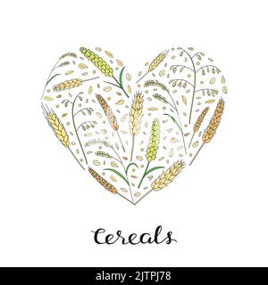 Handgezeichnete Getreide- und Körner in Herzform mit Schriftzug. Gerste, Weizen, Reis, Hafer, Roggen, Hirse Stock Vektor
