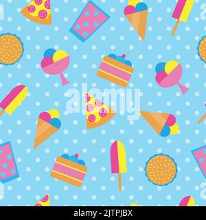 Niedliches, farbenfrohes, nahtloses Muster mit fast Food-Pop-Art-Symbolen. Stock Vektor