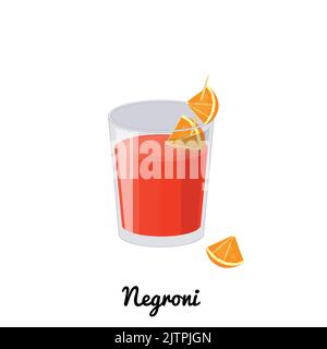 Negroni alkoholischer Cocktail mit Zierleiste im Cartoon-Stil isoliert auf weißem Hintergrund. Stock Vektor