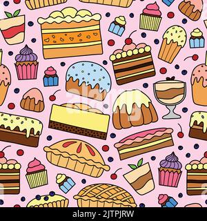 Buntes Nahtloses Muster mit verschiedenen handgezeichneten Kuchen und Desserts. Stock Vektor
