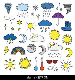 Sammlung von Doodle-Wettersymbolen wie Sonne, Wolken, Regentropfen, Schneeflocken, Sternen, mond, Regenbogen, Donner, Thermometer isoliert auf weißem Hintergrund Stock Vektor