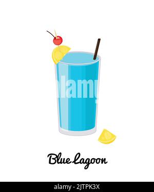 Blue Lagoon alkoholischer Cocktail mit Zierleiste im Cartoon-Stil isoliert auf weißem Hintergrund. Stock Vektor