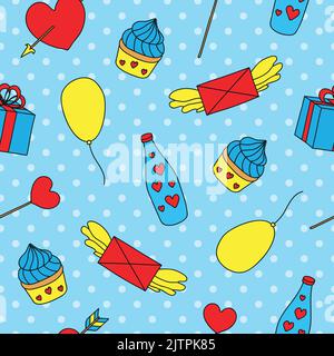 Helles, nahtloses Muster mit Doodle-Pop-Art-Artikeln. Stock Vektor