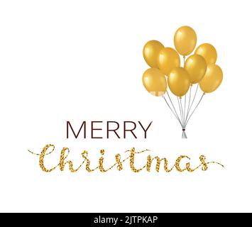 Fröhliches Weihnachts-Poster mit modernem Glitzer-Schriftzug und goldenen Heliumballons. Stock Vektor