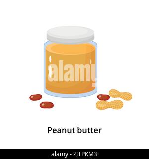 Cartoon Erdnussbutter im Glas mit Gruppe von Nüssen isoliert auf weißem Hintergrund. Stock Vektor
