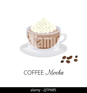 Cartoon Kaffee Mokka mit Schlagsahne in Glas Tasse isoliert auf weißem Hintergrund. Stock Vektor