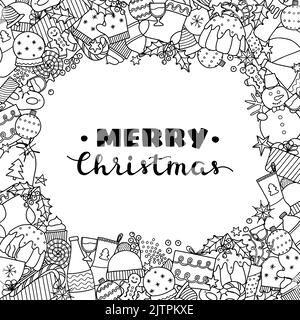 Quadratischer Hintergrund mit verschiedenen unfarbigen Doodle Weihnachtsartikeln und Schriftzügen. Detailliertes Rahmendesign. Verwendete Begrenzungsmaske. Stock Vektor