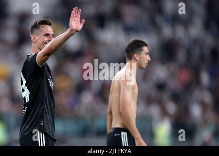 Arkadiusz Milik von Juventus FC feiert nach dem Sieg im Serie-A-Spiel zwischen Juventus FC und Spezia Calcio am 31. August 2022 in Turin, Italien. Stockfoto