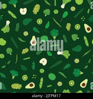 Nahtloses Muster mit handgezeichtem grünen Gemüse und Früchten. Stock Vektor