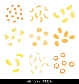 Sammlung von verschiedenen Cartoon-Chips, Nachos, Tortillas, Zwiebelringe und Snacks isoliert auf weißem Hintergrund. Ungesunde Lebensmittel. Stock Vektor