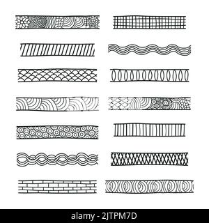 Sammlung verschiedener handgezeichneter Musterpinsel isoliert auf weißem Hintergrund. Kann als Linienränder und Trennlinien verwendet werden. Stock Vektor