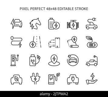 Einfacher Satz von Elektroauto-bezogenen Vektorlinien-Symbolen. Flaches, digitales Icon-Set für Web und mobile Geräte. Pixel Perfect 48 x 48 bearbeitbare Konturgröße. Stock Vektor