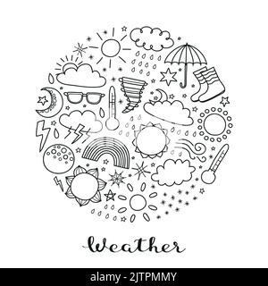 Doodle umreißt Wettersymbole wie Sonne, Wolken, Regentropfen, Schneeflocken, Sterne, mond, Regenbogen, Donner, Thermometer im Kreis mit Buchstaben zusammengesetzt Stock Vektor