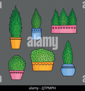 Set von handgezeichneten Miniatur wachsenden Nadelbäumen in Töpfen isoliert auf Kreidetafel Hintergrund. Stock Vektor