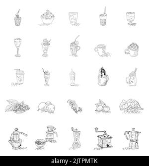 Handgezeichnetes Set Kaffee Vektor Illustration. Skizze. Kaffeesymbol-Sets. Kaffee-Illustration für Poster oder Menüvorlage. Stock Vektor