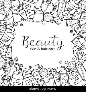 Quadratischer Hintergrund mit verschiedenen unfarbigen Doodle Beauty-Produkten und Schriftzügen. Detailliertes Rahmendesign. Verwendete Begrenzungsmaske. Stock Vektor