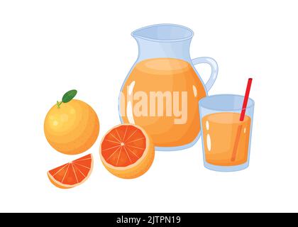 Cartoon Orange oder Grapefruitsaft in Glas und Gläsern mit reifen Früchten isoliert auf weißem Hintergrund. Stock Vektor