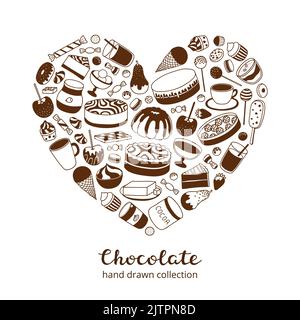 Braune Doodle-Schokolade und Kakaoprodukte, Süßigkeiten, Desserts, Kuchen, Früchte in Herzform. Stock Vektor