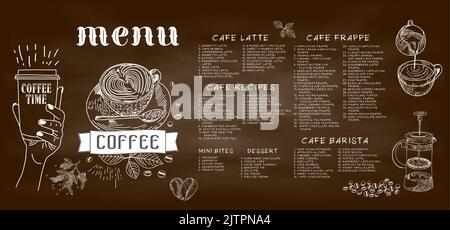 Kaffeehausmenü. Restaurant Café-Menü, Vorlage Design. Lebensmittelbroschüre. Layout mit Vintage-Schriftzug und Rahmen aus handgezeichneten grafischen Süßigkeiten. Vektor. Stock Vektor