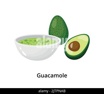 Cartoon grüne Guacamole in Schale mit Avocado isoliert auf weißem Hintergrund. Stock Vektor
