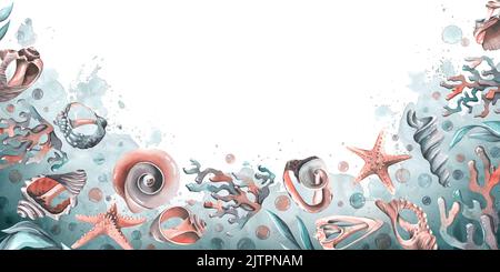 Horizontaler Rahmen mit Muscheln, Algen, Korallen und Blasen. Aquarelldarstellung. Board von einem großen Satz von WALEN. Zur Registrierung und Gestaltung von Stockfoto