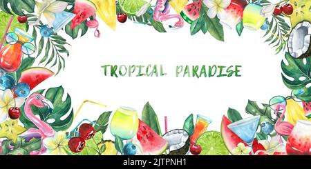 Horizontaler Rahmen mit tropischen Früchten, Cocktails und Blättern. Aquarell, hell, saftig, Strand, Sommer Illustration. Für die Gestaltung und Gestaltung von Menüs Stockfoto