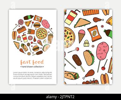 Kartenvorlagen mit kritzelfarbenen Fast-Food-Artikeln. Verwendete Begrenzungsmaske. Stock Vektor