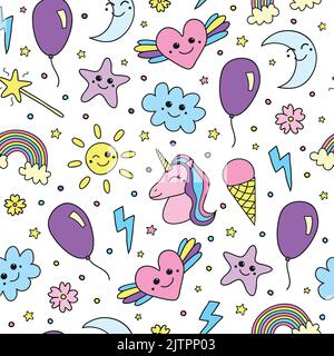 Niedliche nahtlose Muster mit Einhorn, Regenbogen, Ballon, Wetter Smiley Doodle Elemente. Stock Vektor