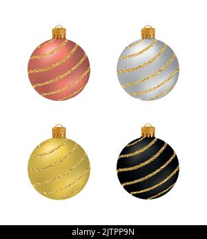 Set von Weihnachtskugeln oder -Kugeln mit glatter Oberfläche und goldenen Glitzerstreifen isoliert auf weißem Hintergrund. Stock Vektor