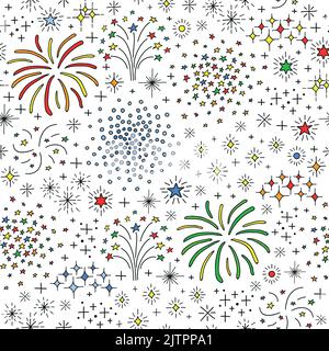Nahtloses Muster mit buntem Doodle-Feuerwerk und Petards. Stock Vektor